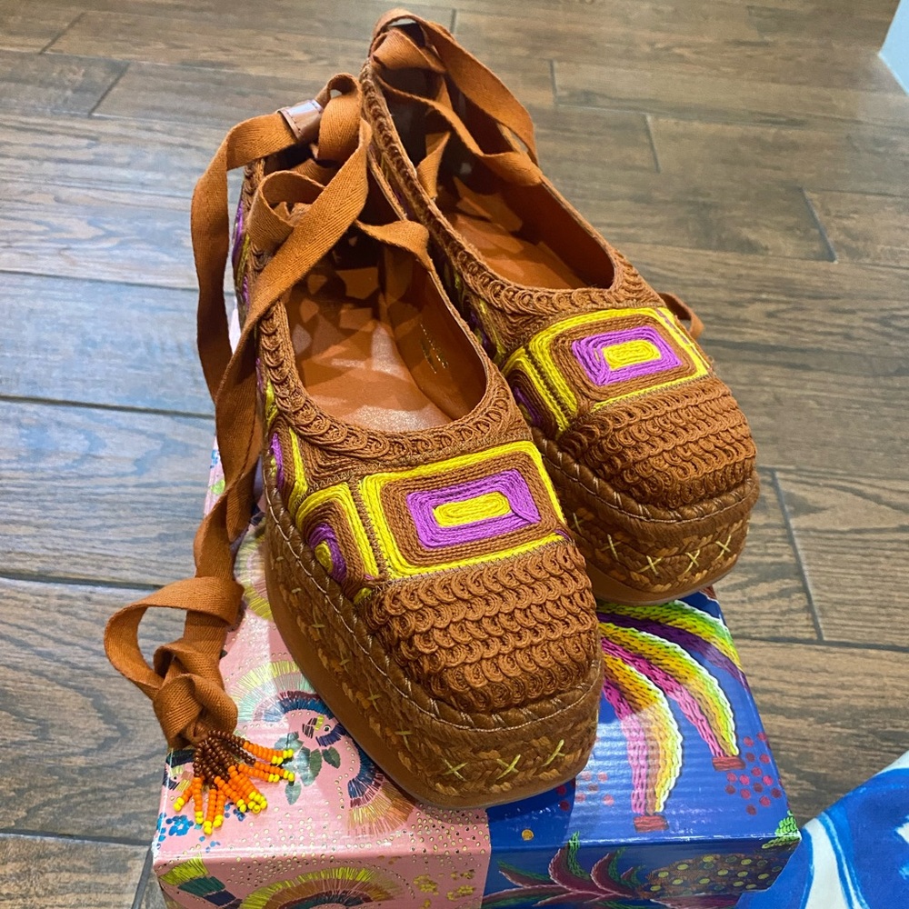 FARM Rio Brown Platform Espadrilles with Yellow & Purple Accents - Picture 3 of 16